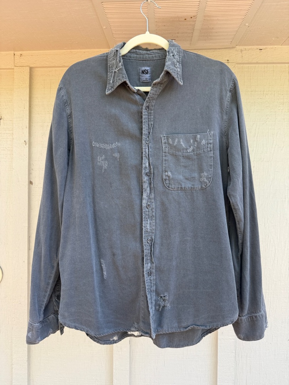 NSF Distressed Washed Gray Long-Sleeve Button-Down Shirt
